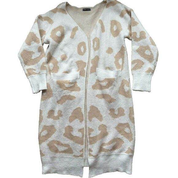 Women's Oversized Cardigan Sweater Size Large Animal Print Duster White Tan - Picture 2 of 16